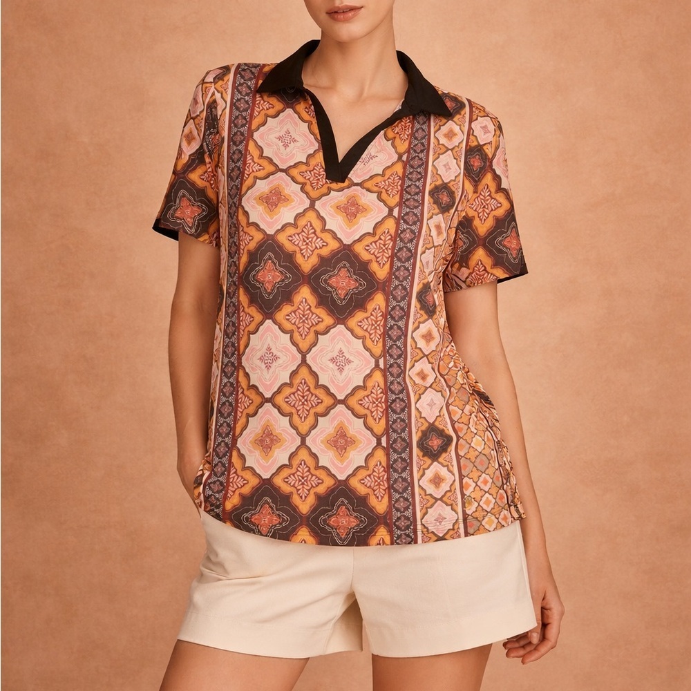 Printed Short Sleeve Polo Top in Multi Brown & Cream
